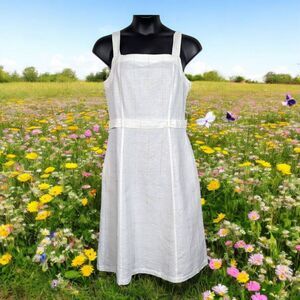 LIZ CLAIBORNE Boho Cottage Linen-Blend Metallic Gold Grid Plaid Midi Dress 14